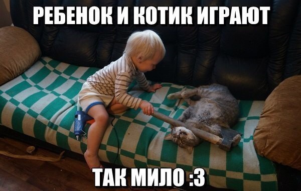 Как мило ребенок играет с котиком